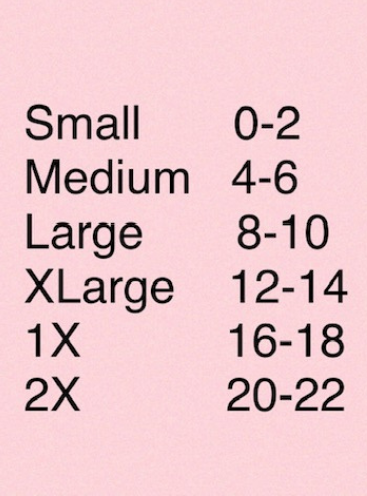 Size chart for clothing on a pink background