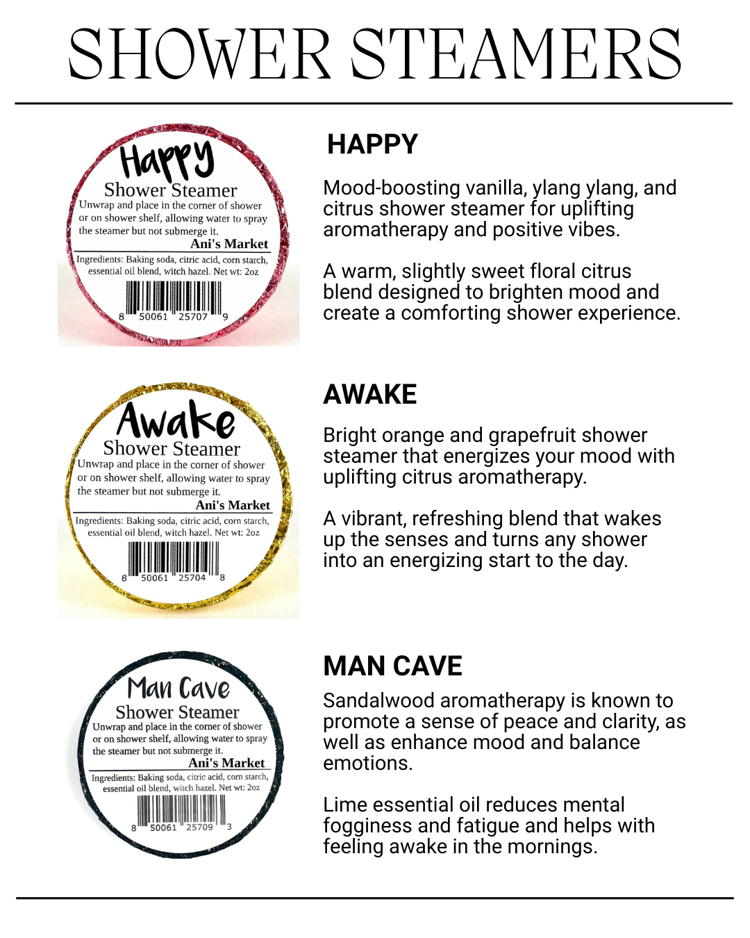 A product information sheet for shower steamers from Ai's Market, featuring three round labels with descriptions for Happy, Awake, and Man Cave steamers.