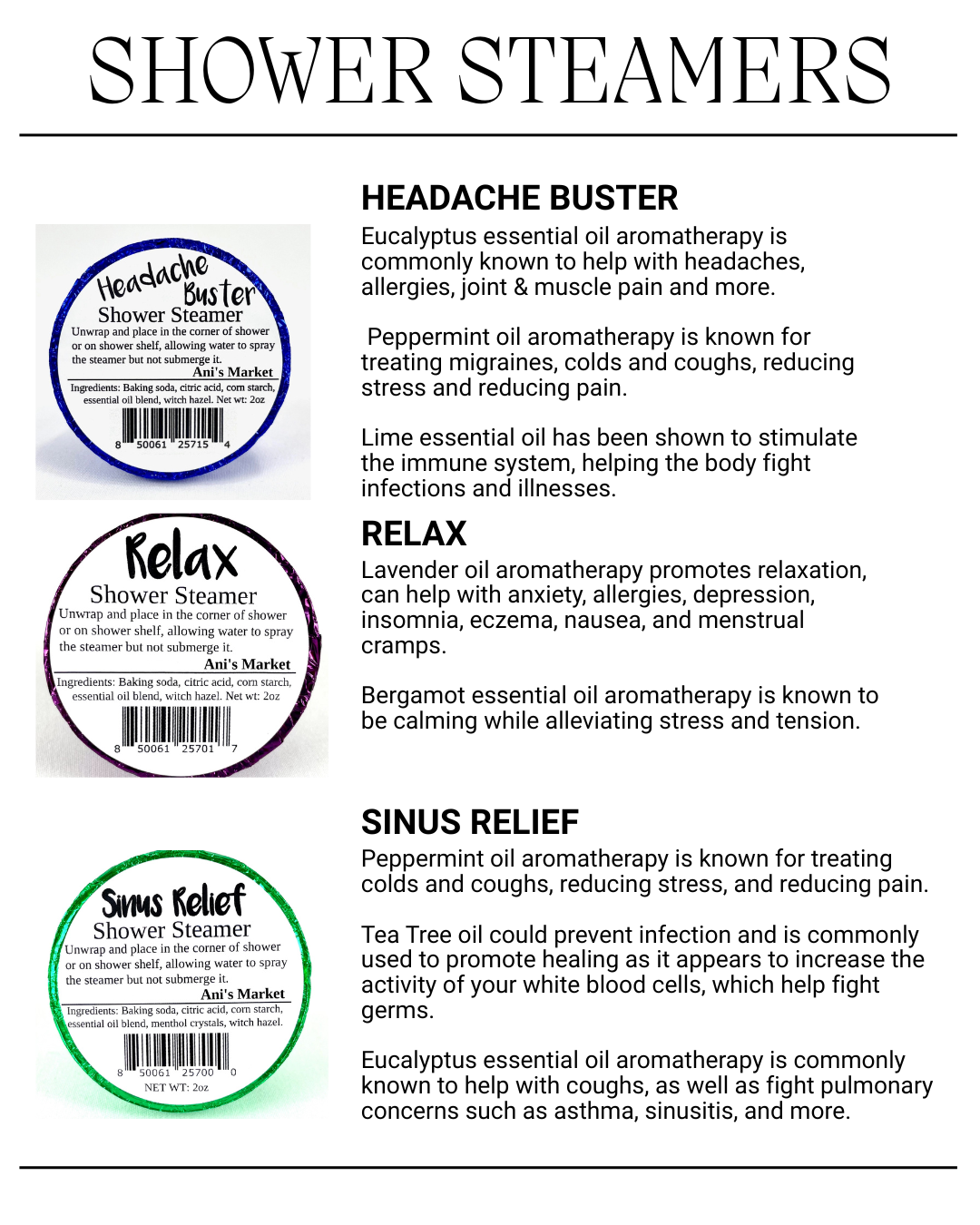 An informational graphic titled 'SHOWER STEAMERS' with three circular product labels and descriptive text for different types: Headache Buster, Relax, and Sinus Relief. The labels show product names, descriptions, and barcode areas, with the brand 'A&J's Market' visible on each label.