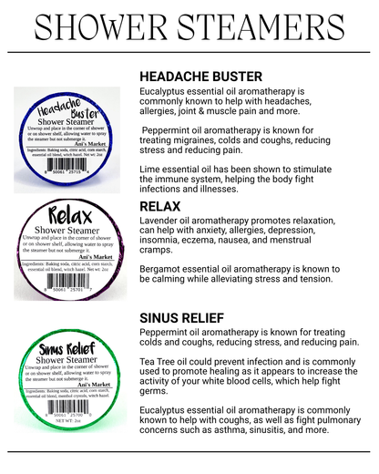 An informational graphic titled 'SHOWER STEAMERS' with three circular product labels and descriptive text for different types: Headache Buster, Relax, and Sinus Relief. The labels show product names, descriptions, and barcode areas, with the brand 'A&J's Market' visible on each label.