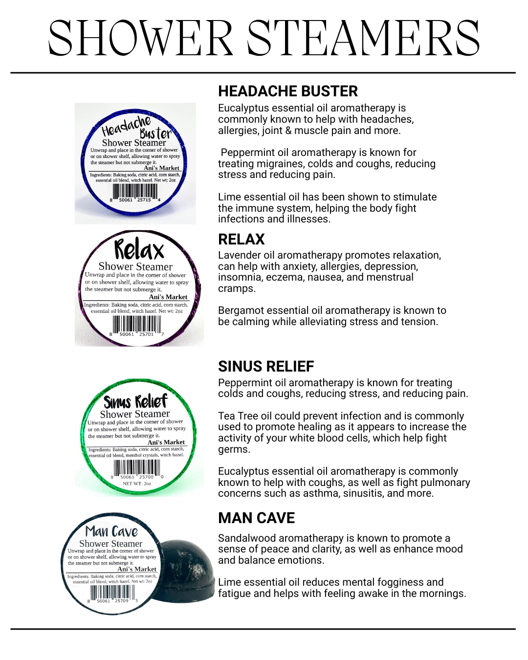 Product packaging for shower steamers with labels and descriptions on a white background.