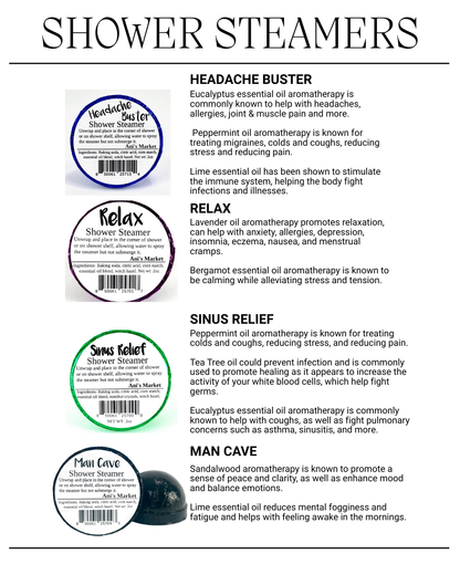 Product packaging for shower steamers with labels and descriptions on a white background.