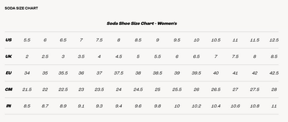 Soda Shoe Size Chart for Women with US, UK, EU, CM, and IN measurements.