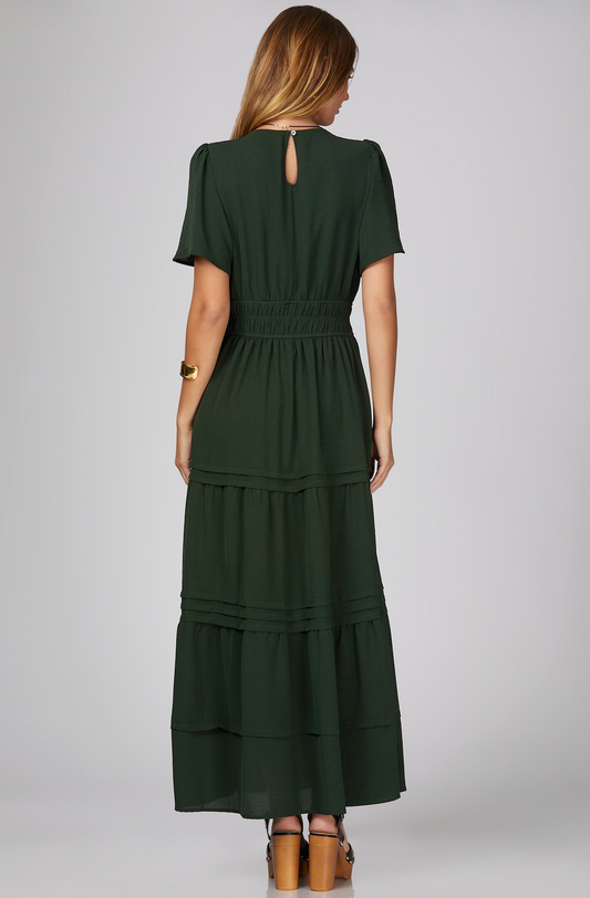 Sophie Pintuck Tiered Maxi Dress-Green