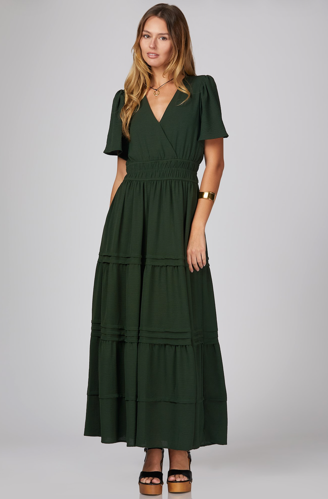 Sophie Pintuck Tiered Maxi Dress-Green