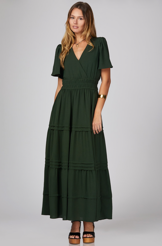 Sophie Pintuck Tiered Maxi Dress-Green