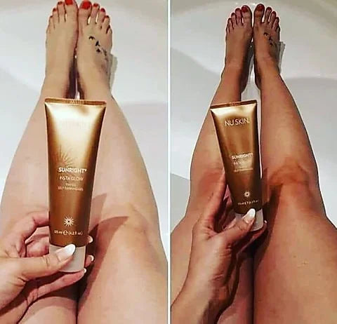 Two images showing legs with a tube of Nu Skin Sunlight Tanning Lotion.