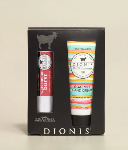 Dionis goat milk skincare set with cream and lip balm in a black box on a beige background