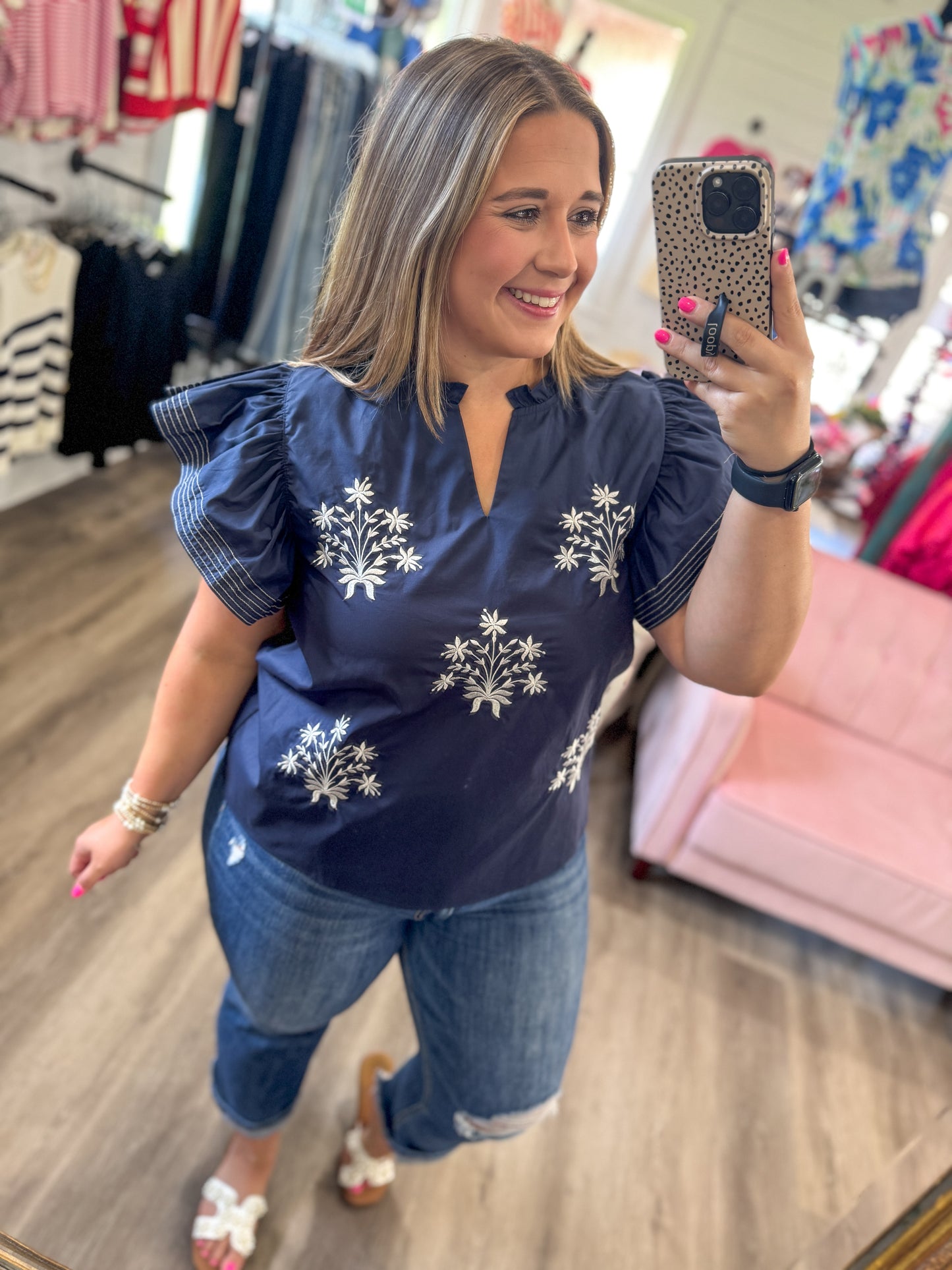 Taylor Ruffle Sleeve Stitch Detail Blouse