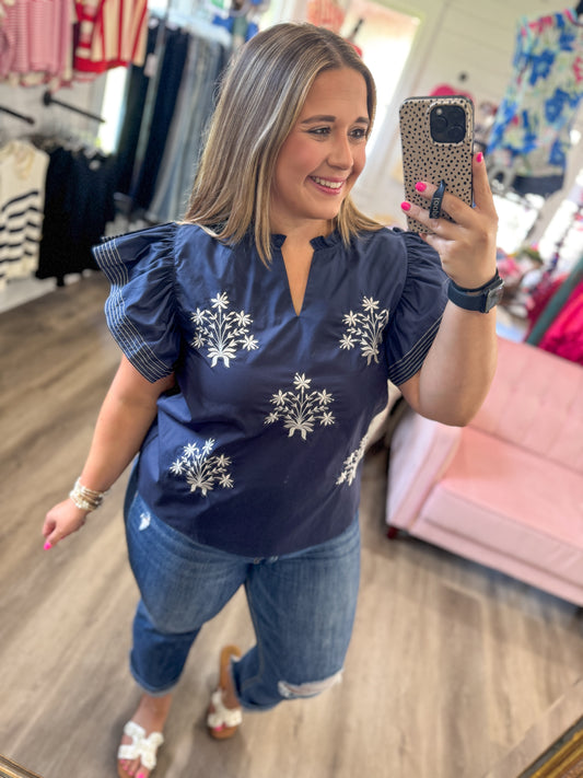 Taylor Ruffle Sleeve Stitch Detail Blouse