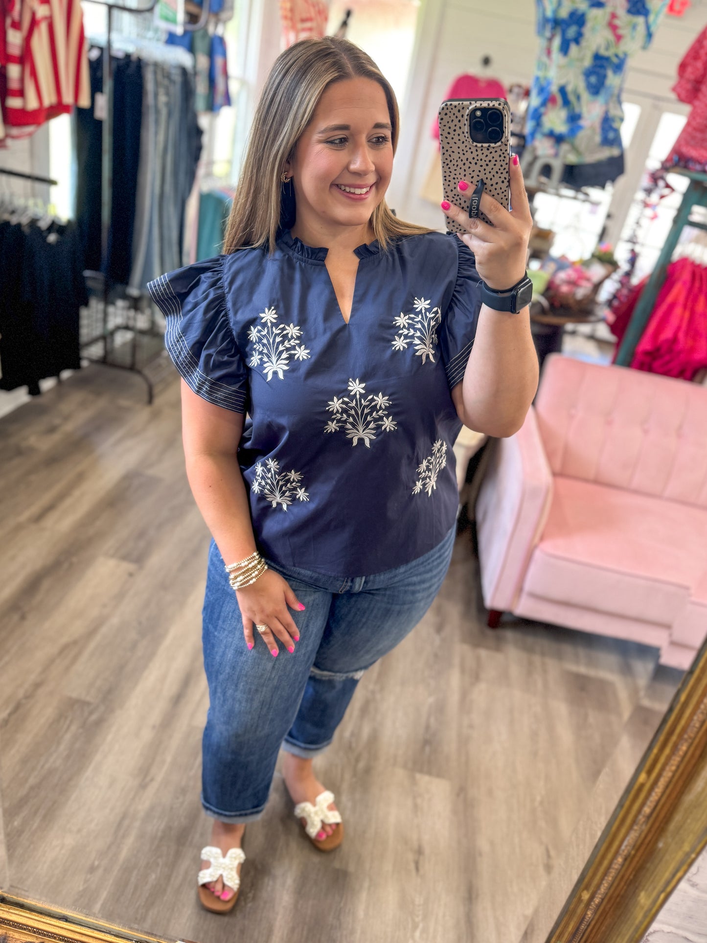 Taylor Ruffle Sleeve Stitch Detail Blouse