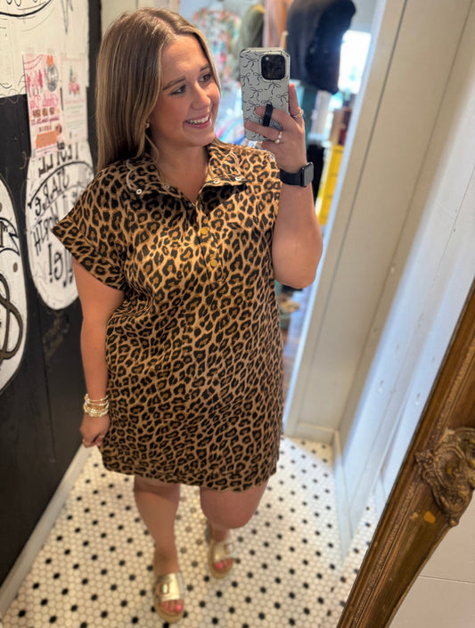 Woman wearing a leopard print dress taking a mirror selfie.