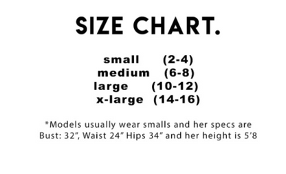 Size chart for clothing with measurements in inches and corresponding sizes.