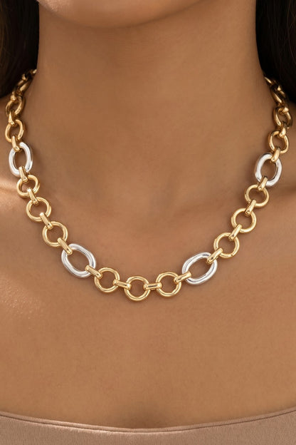 A close-up of a model wearing a gold and silver link necklace. The necklace features alternating large gold oval links and smaller silver oval links, shown against the model's neck.
