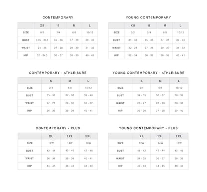 Size chart for contemporary, young contemporary, and plus sizes on a white background