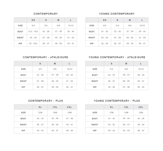 Size chart for contemporary, young contemporary, and plus sizes on a white background