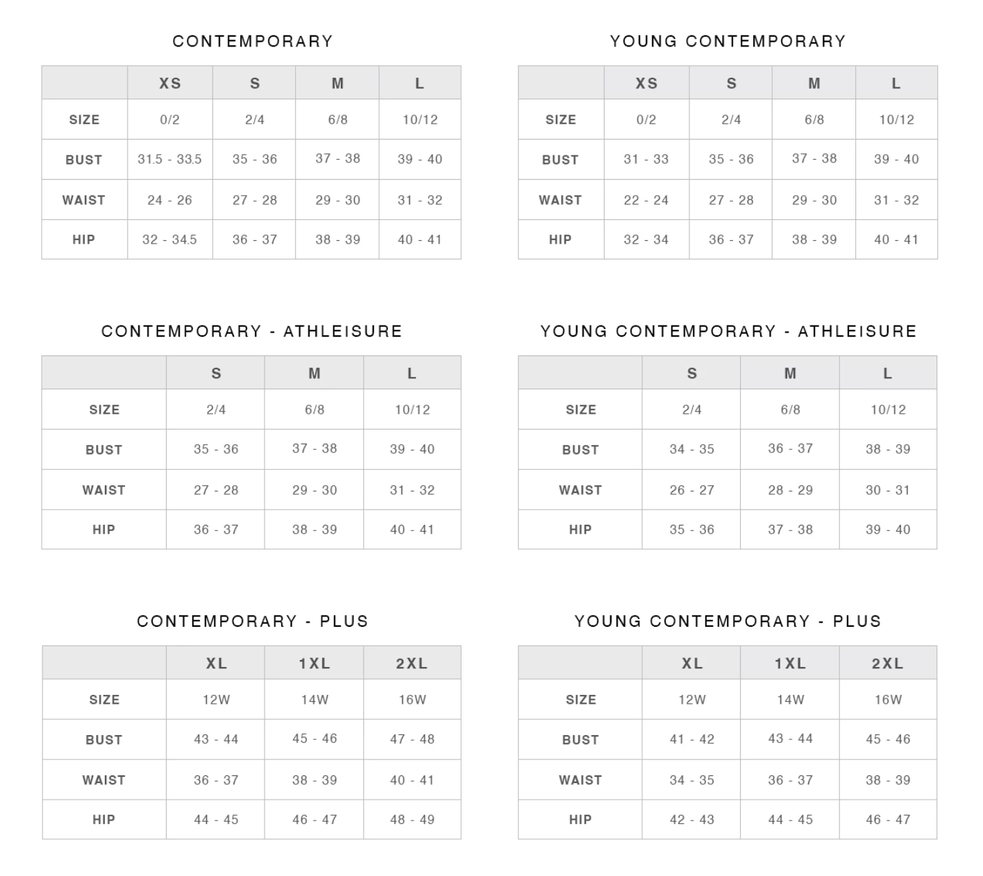 Size chart for clothing with measurements in inches and centimeters.