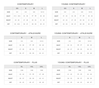 Size chart for clothing with measurements in inches and centimeters.