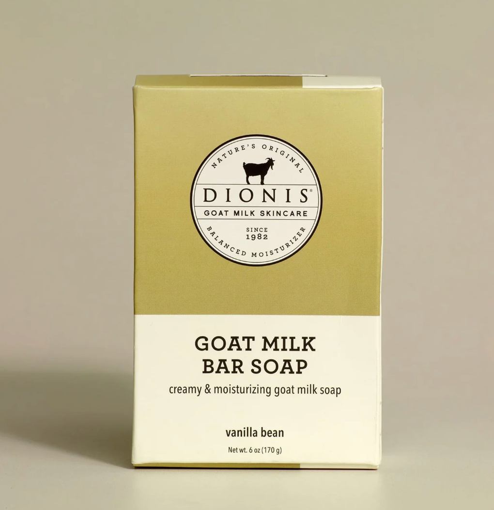 Box of Dionis goat milk bar soap on a beige background