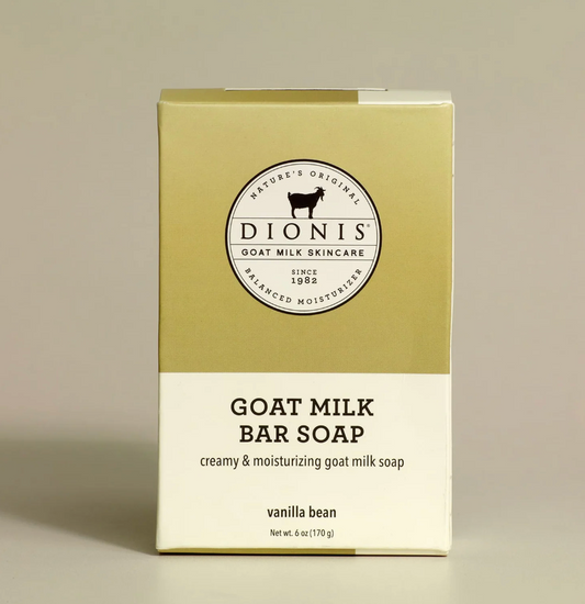 Box of Dionis goat milk bar soap on a beige background