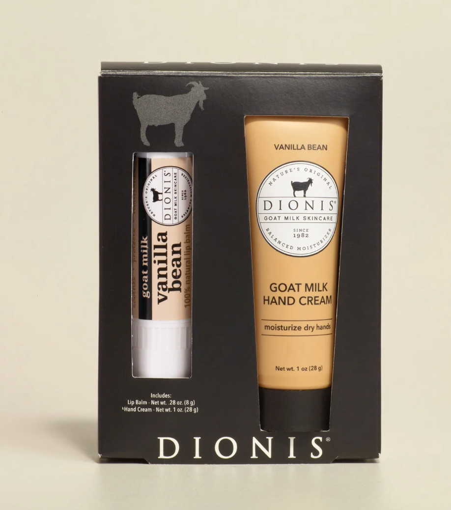 Dionis goat milk skincare set with cream and lip balm in packaging on a beige background