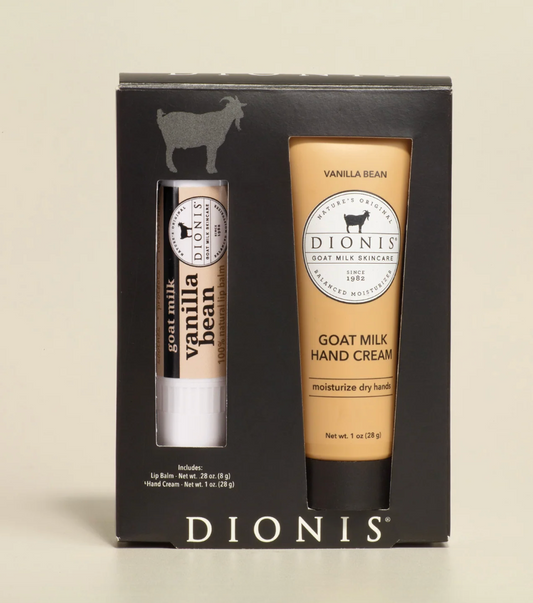 Dionis goat milk skincare set with cream and lip balm in packaging on a beige background