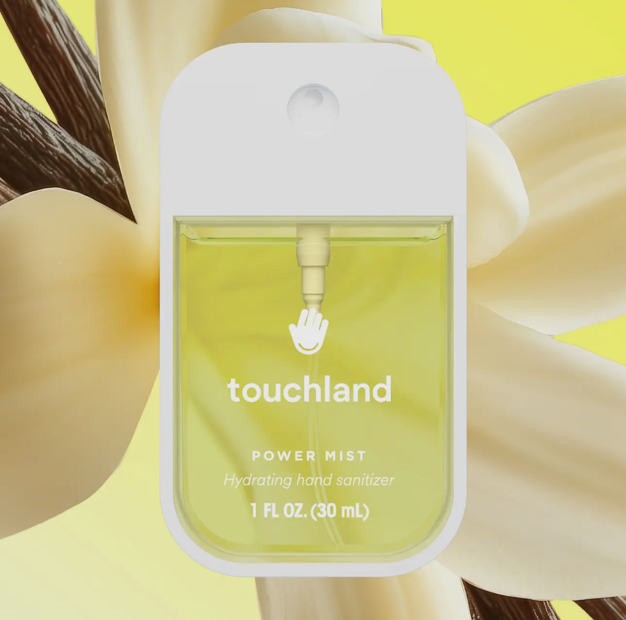 Touchland power mist hand sanitizer with a floral background