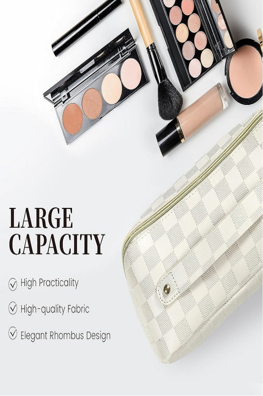Makeup bag with makeup items on a white background, highlighting large capacity and design features.