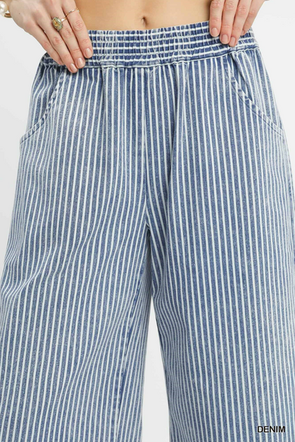 Blue and white striped pants with a close-up of the waistband.