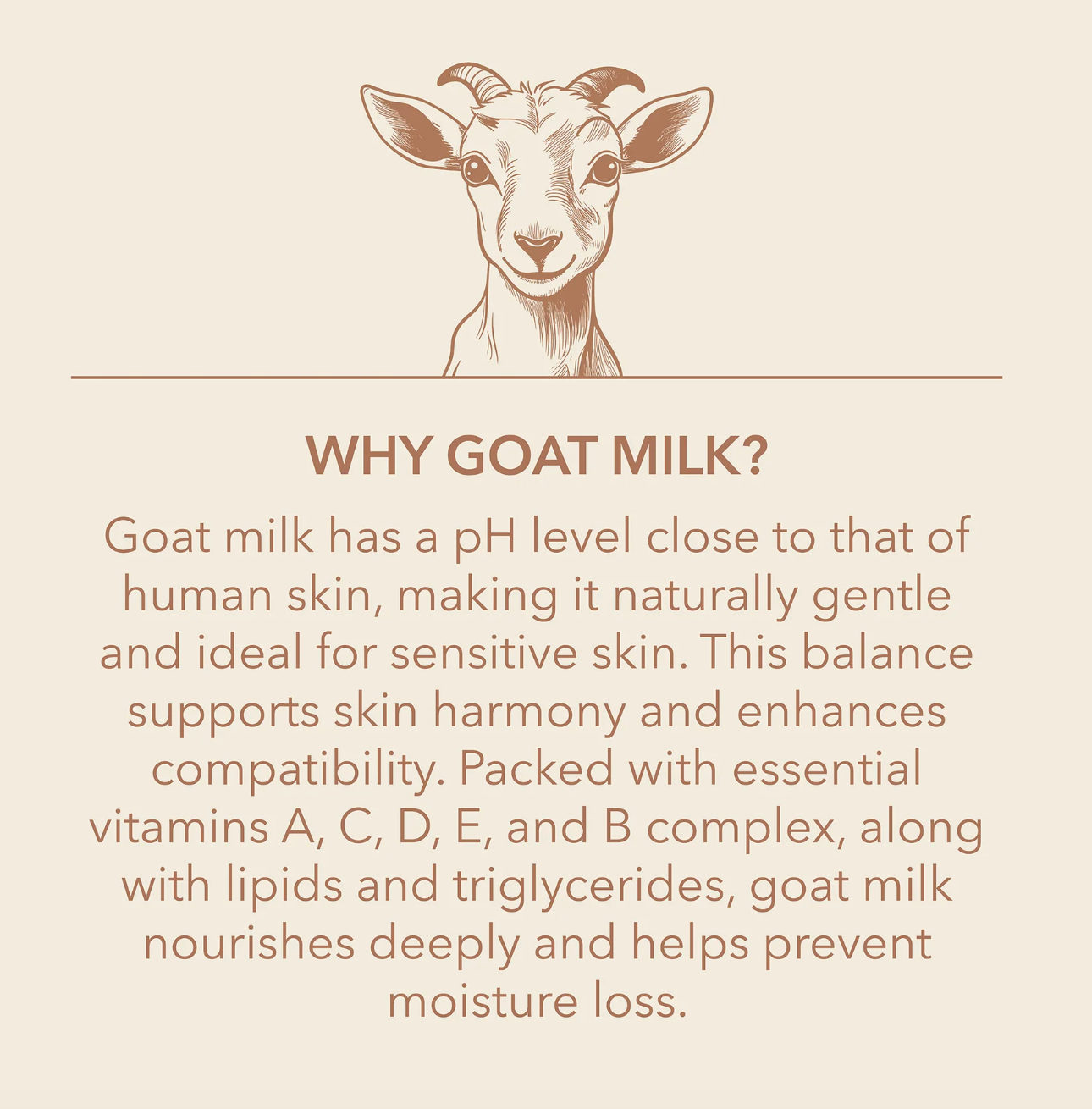Goat milk advertisement with a goat illustration and text on a beige background
