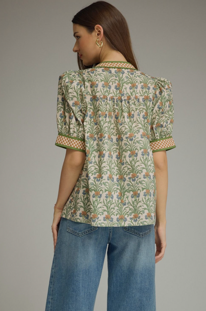 Willow Floral Contrast Top-Ecru