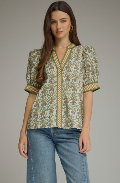 Willow Floral Contrast Top-Ecru