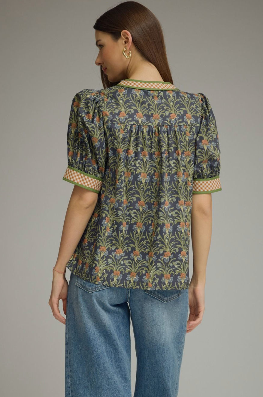 Willow Floral Contrast Top-Navy