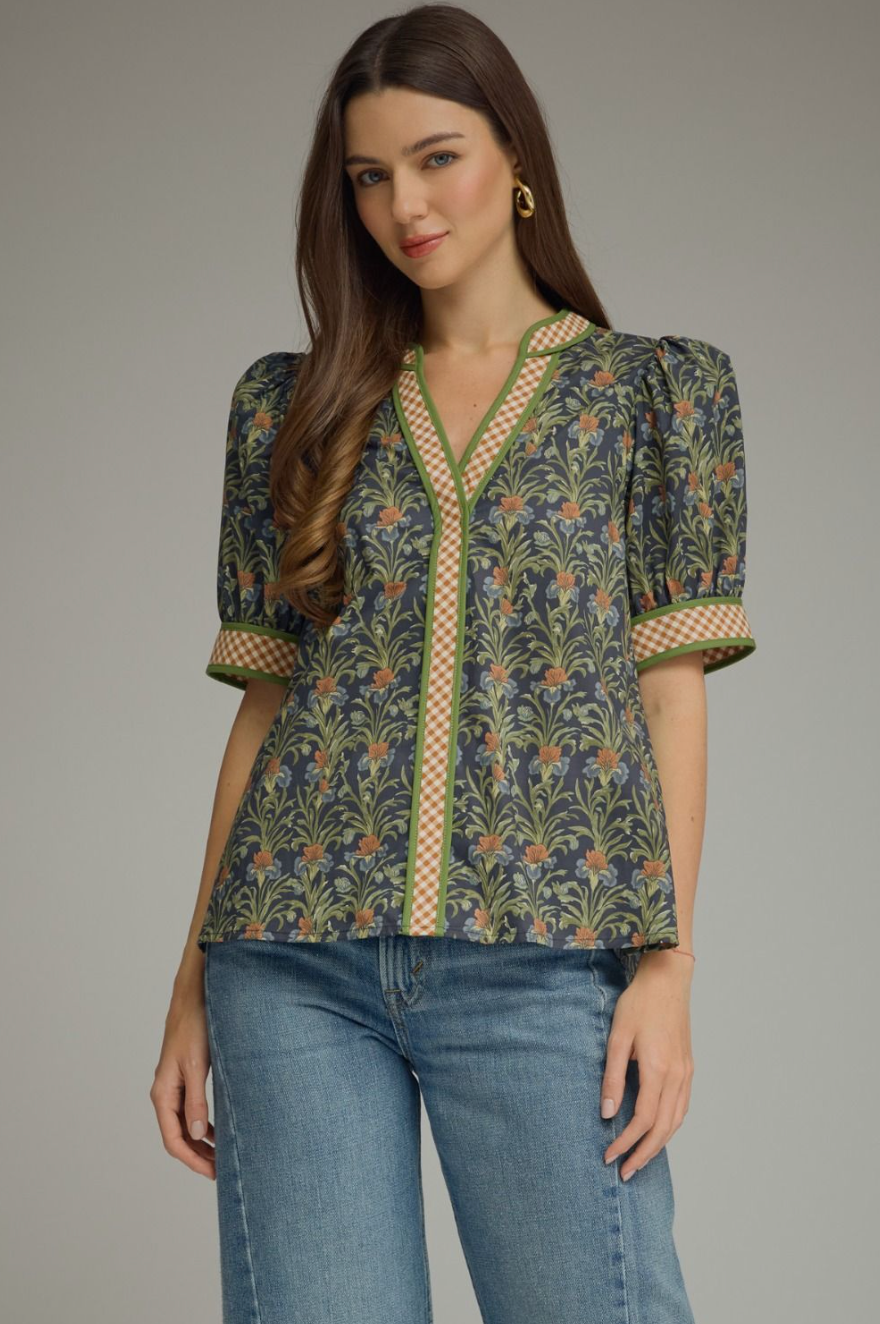 Willow Floral Contrast Top-Navy