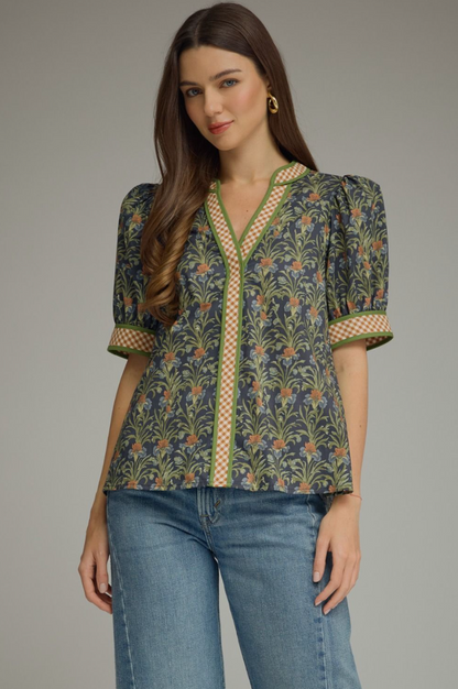 Willow Floral Contrast Top-Navy
