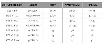 Size chart for clothing with US numeric sizes, bust, waist, and hip measurements.
