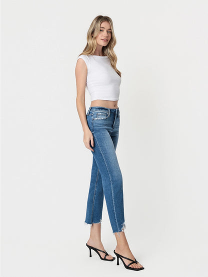Romantic High Rise Frayed Hem Crop Straight Jeans