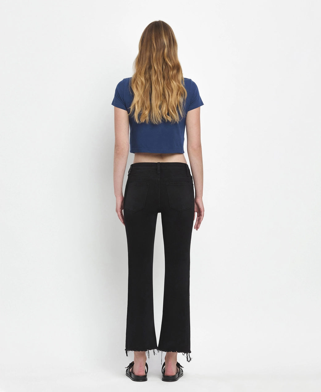 Mid Rise Raw Distressed Hem Crop Flare Jeans