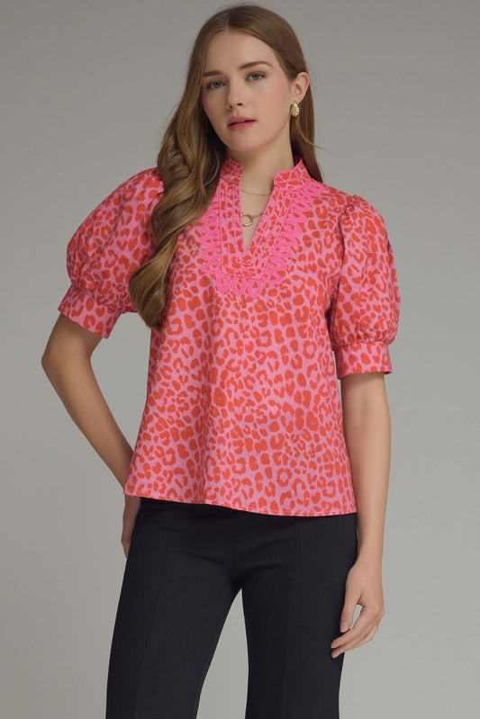 Savanna Leopard Embroidered Detail Top