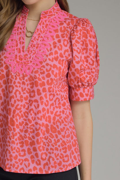 Savanna Leopard Embroidered Detail Top