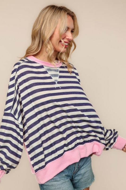 Martha Stripe Top-Navy/Pink