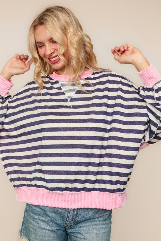 Martha Stripe Top-Navy/Pink